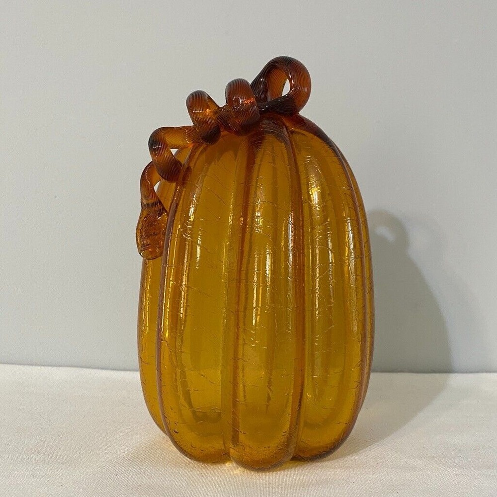 Hand Blown Art Glass Amber Orange Crackle Pumpkin Twist Vine Stem
