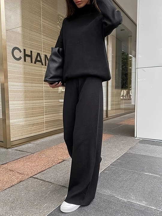 Solid Casual Two-piece Set, Turtleneck Long Sleeve -z9