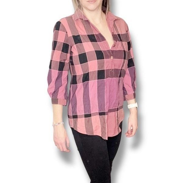 Burberry Pink Purple Nova Check Plaid Popover Shirt 3/4 Sleeve Top Women’s Siz S
