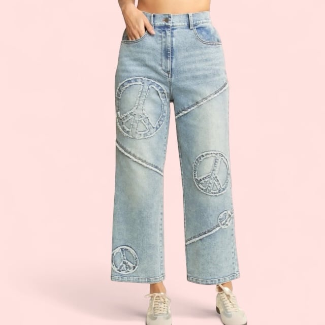 Patched Peace Sign Cropped Light Blue Jeans NWOT Medium