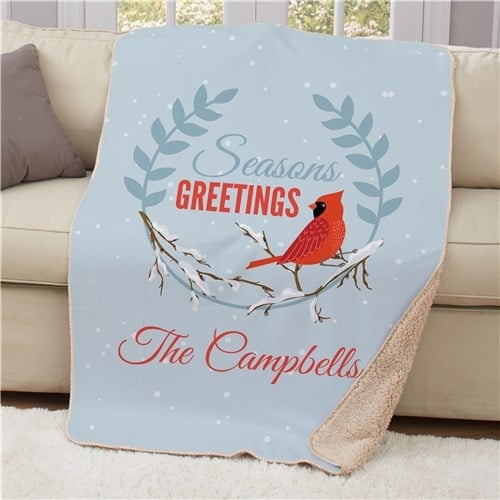 Personalized Cardinal Bird Greetings Christmas Sherpa Blanket