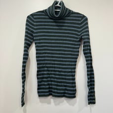 J Mclaughlin Arlette Sweater XS Green Blue Stripe Rib Stretch Button Turtleneck