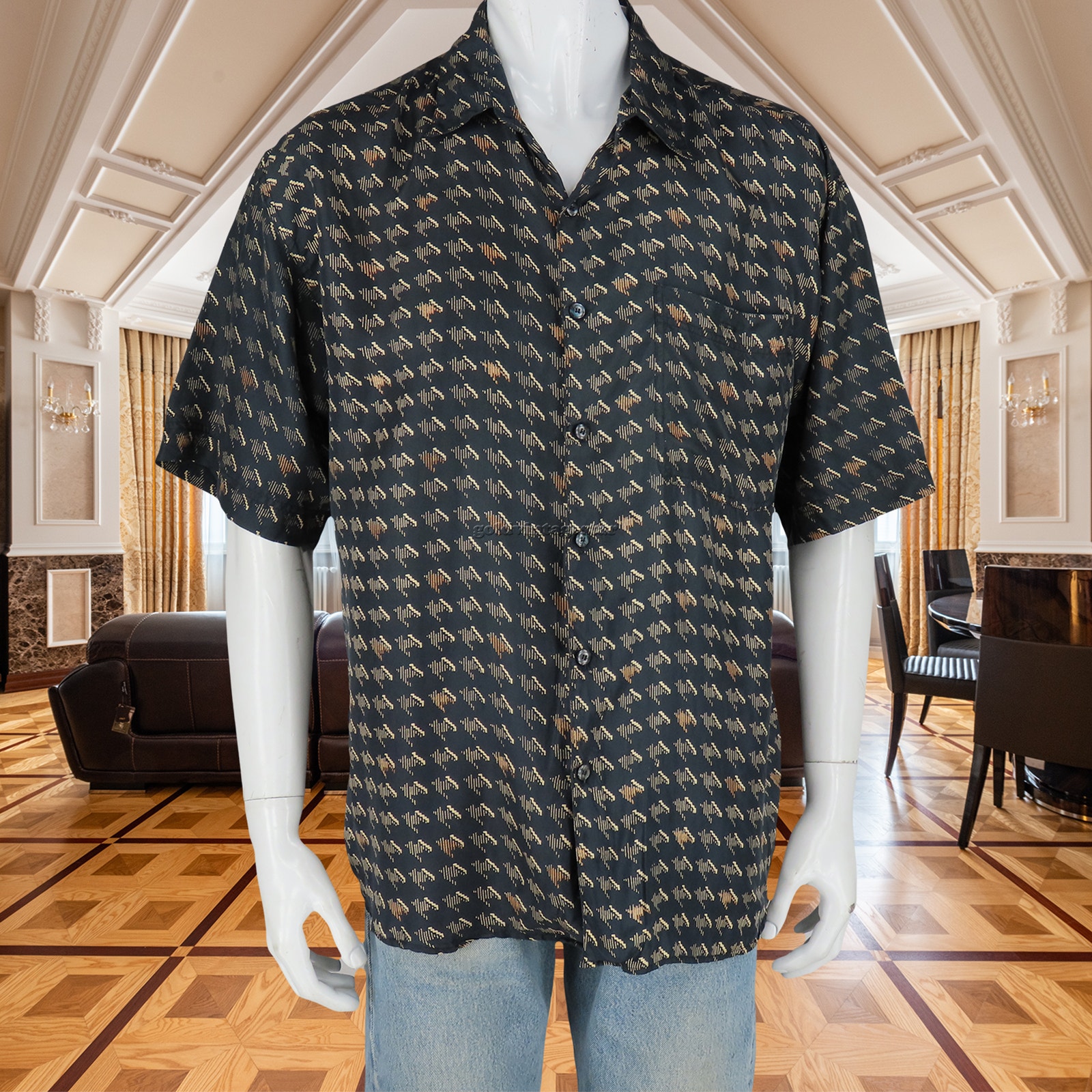 Vintage Abstract Funky Black Silk Button Down Shirt L