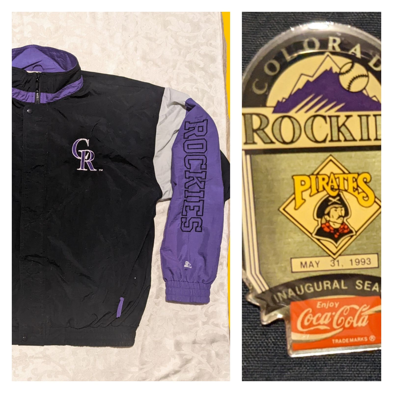 2 PC. Vntg Starter Colorado Rockies Jacket & Pirates Inaugural pin MLB XL