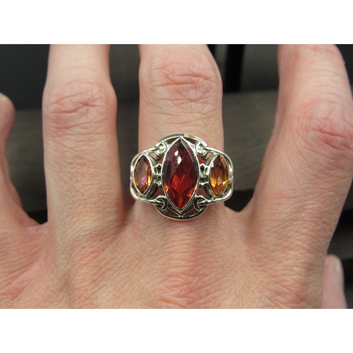 Size 10 Sterling Silver Brilliant Garnet And Orange Topaz With Color Band Ring