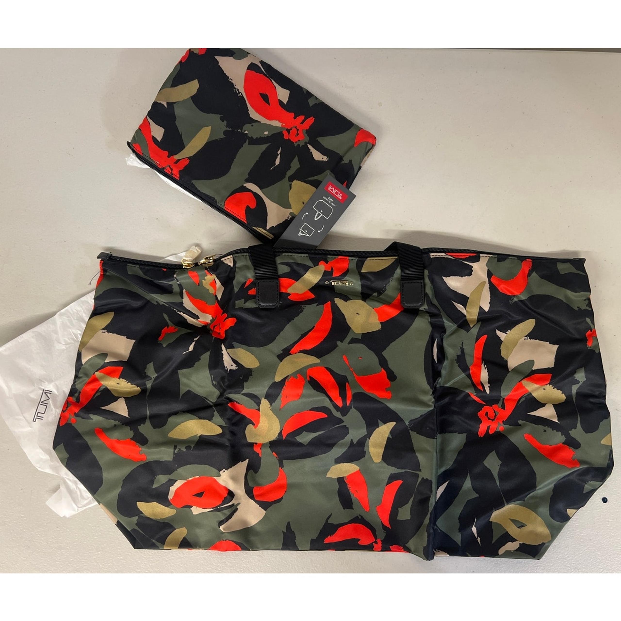 NWT Tumi Just In Case Travel Tote Bag with Pouch red green black floral print