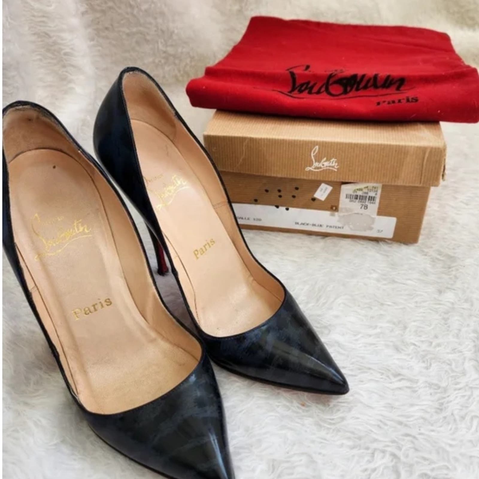 Christian Louboutin Black Blue Patent Leather Animal Print Pigalle 120 Size 37