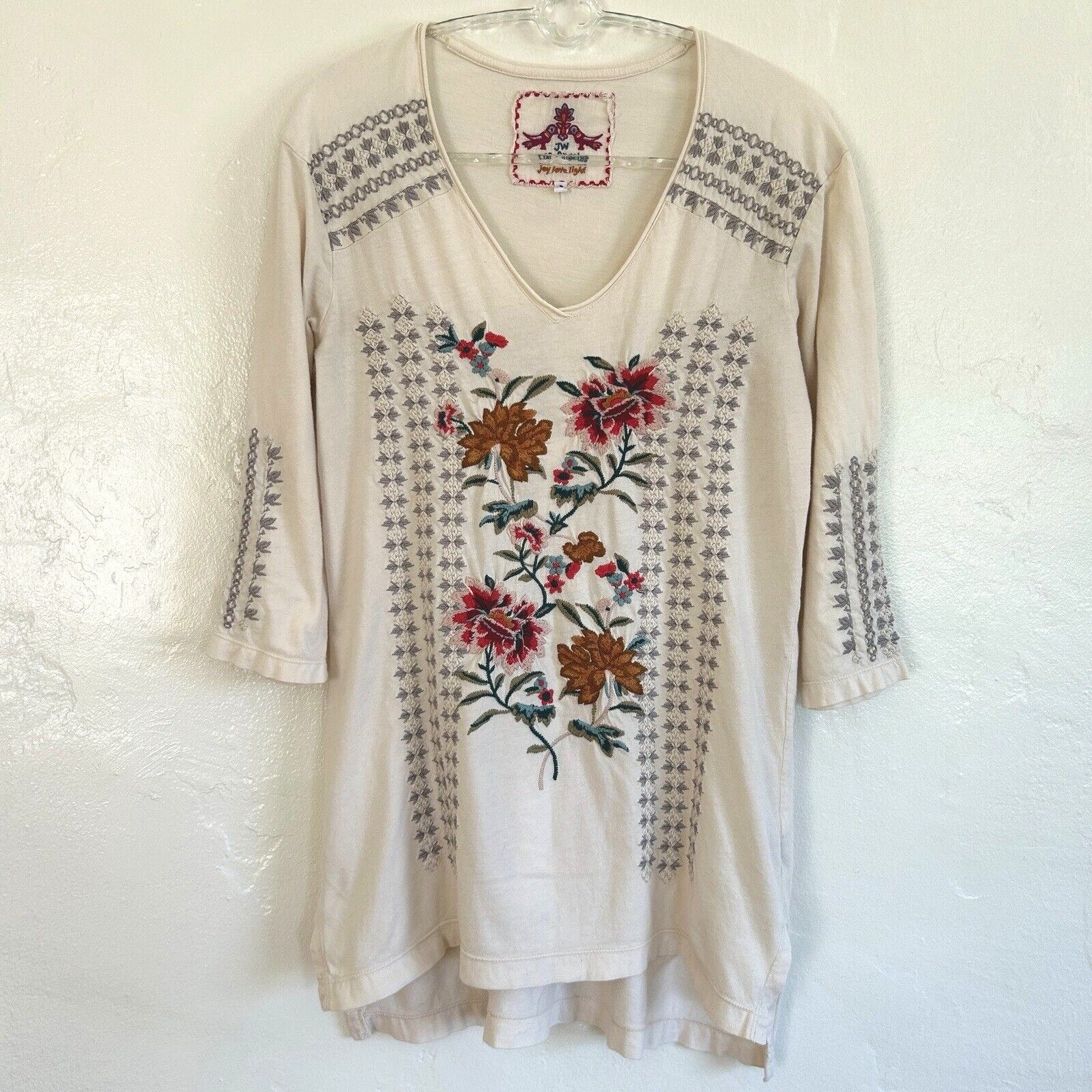 Johnny Was Embroidered Floral Tunic Blouse Cotton Boho Shirt Peasant top Small