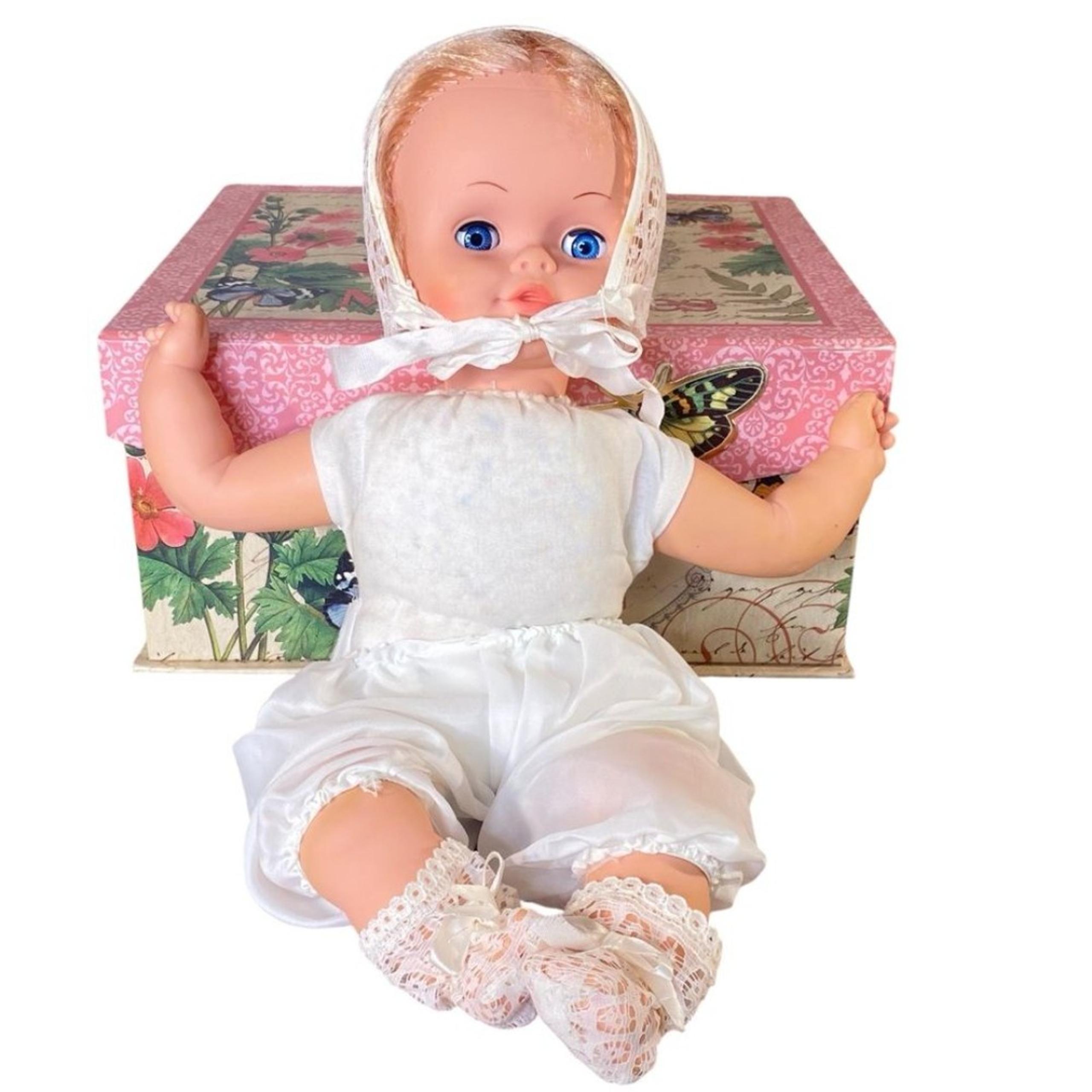 Eugene Doll Company Vintage Baby Doll Blue Eyes Blond Hair w Booties & Bonnet