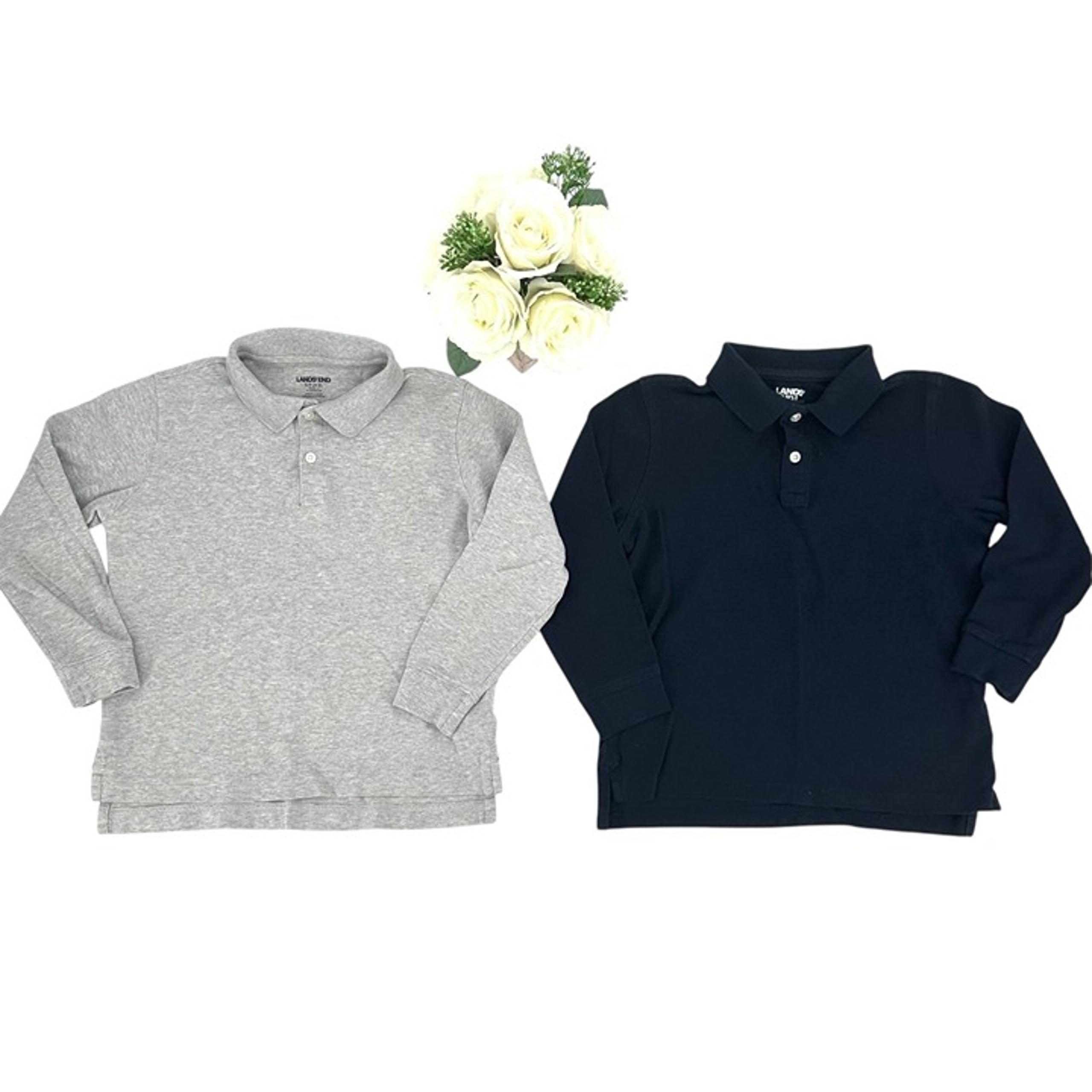 Lands End Boys Long Sleeve Polo Shirt Size 8 Gray Navy SET OF 2
