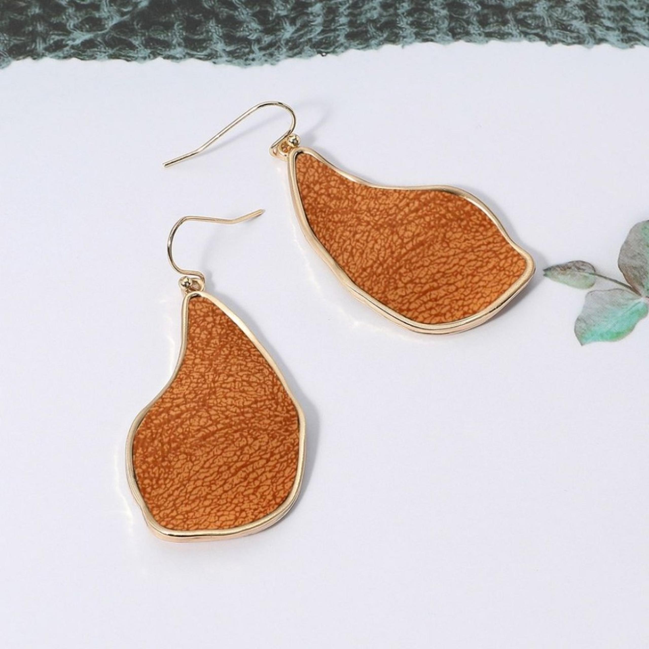 Brown Teardrop Metal Dangle Leather Earrings 2 Inch Drop Jewelry