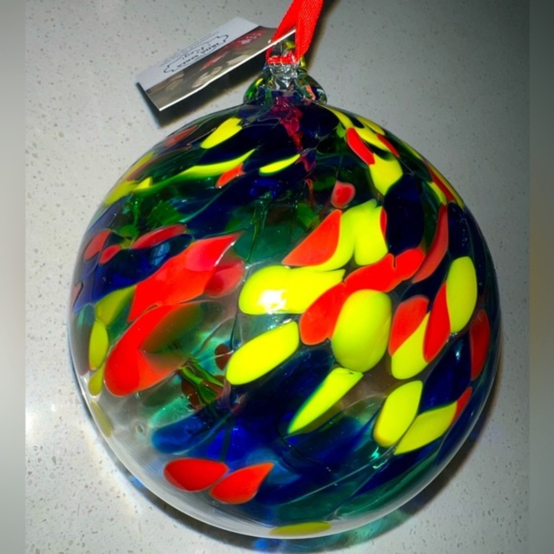 HUTA SZKLA Rogi Hand Blown 6 Glass Ornaments Hand made in Poland Blue Yellow