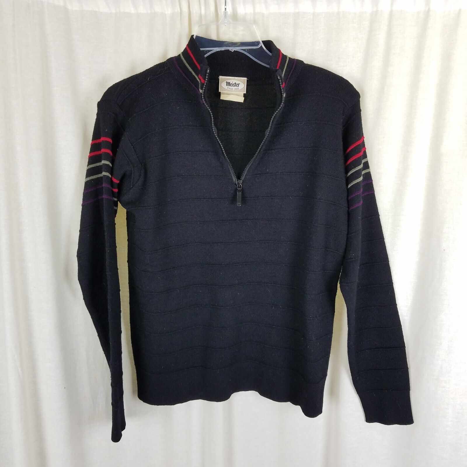 Vintage Meister 1/4 Zip Striped Ribbed Wool Knit Ski Outdoor Sweater Mens S USA