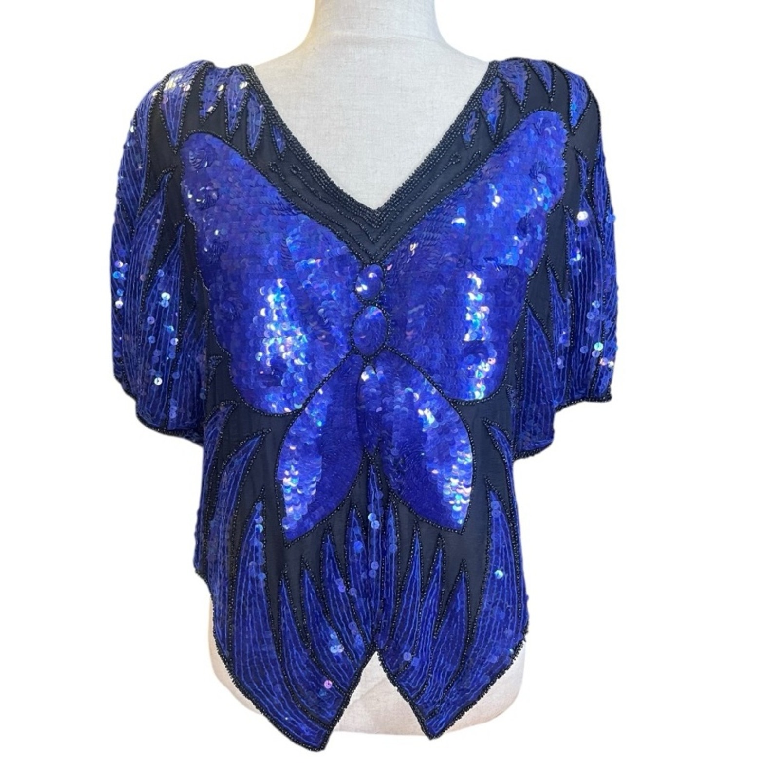 Vtg Silk Sequin Butterfly Going Out Top M Maximalist Statement Y2K Glam Festival