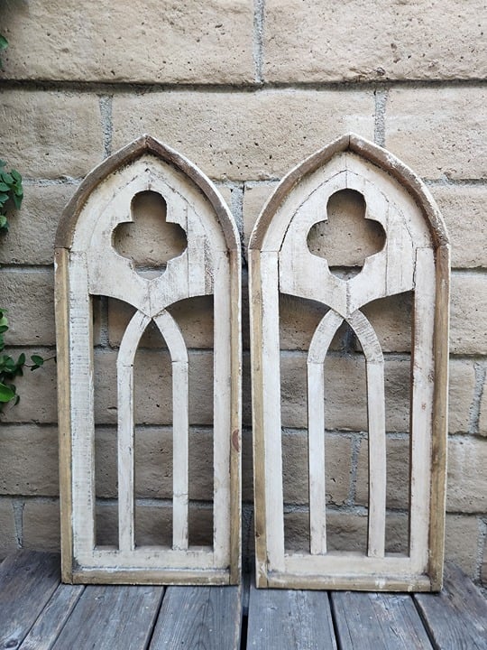 (2 Pcs) 30.5 H Camptito Archwood, Cathedral Window, Rustic, Distressed White