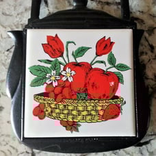 Lot of Two Vintage 70s Cast Iron Teapot Trivets Red Apples Strawberries Tulips