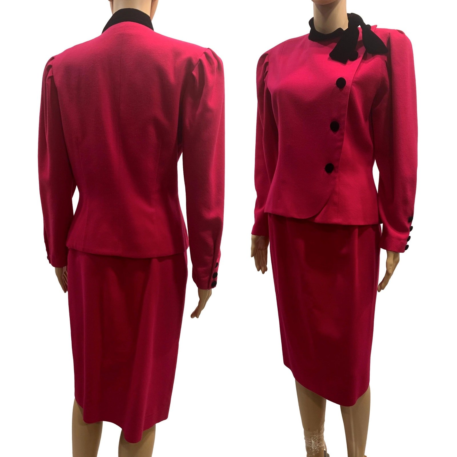 80s Albert Nipon Dark Pink Tailored Wool Skirt Suit | W 26