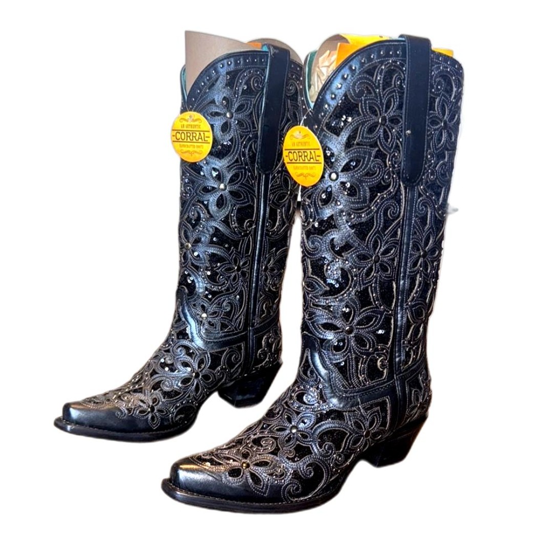 CORRAL women’s inlay flower embroidered studded western boots snip toe 7.5 M