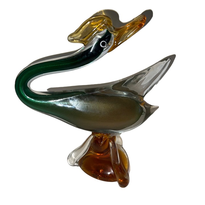 Vintage Green and Yellow Glass Swan Paperweight