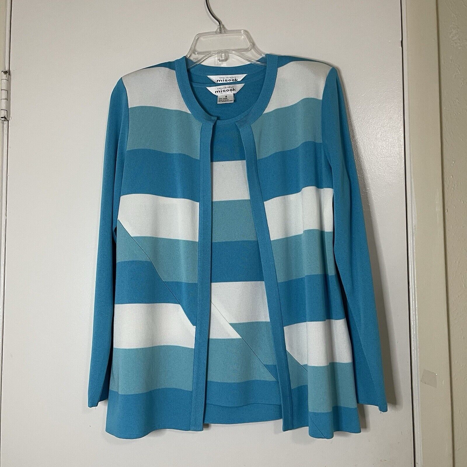 Exclusively Misook Blue striped color block cardigan sweater 2 piece Small