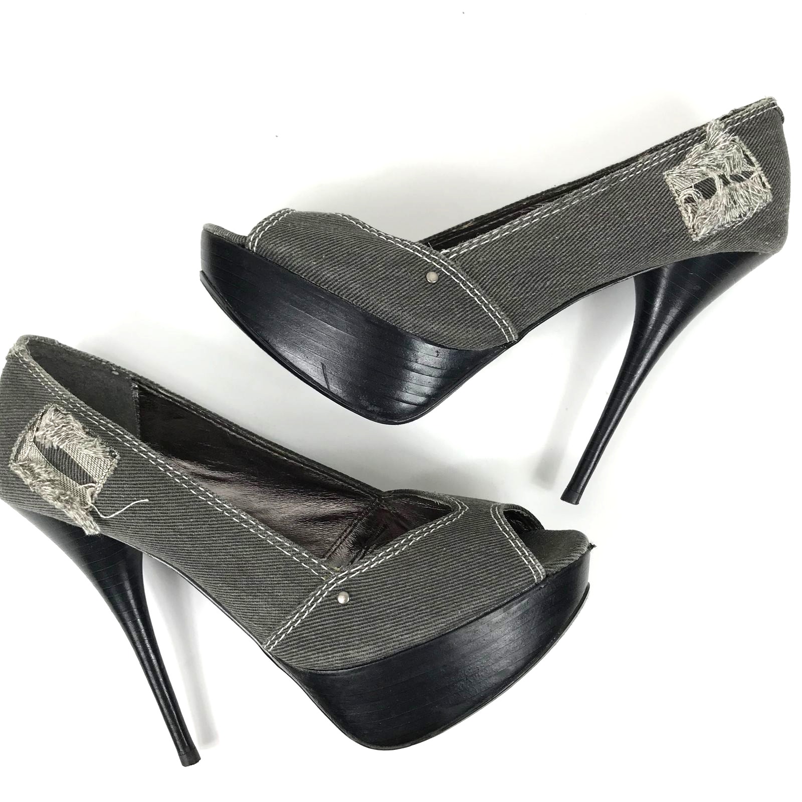 Bakers Distressed Gray Denim Eryn Platform Peep Toe High Heels Womens Size 10M