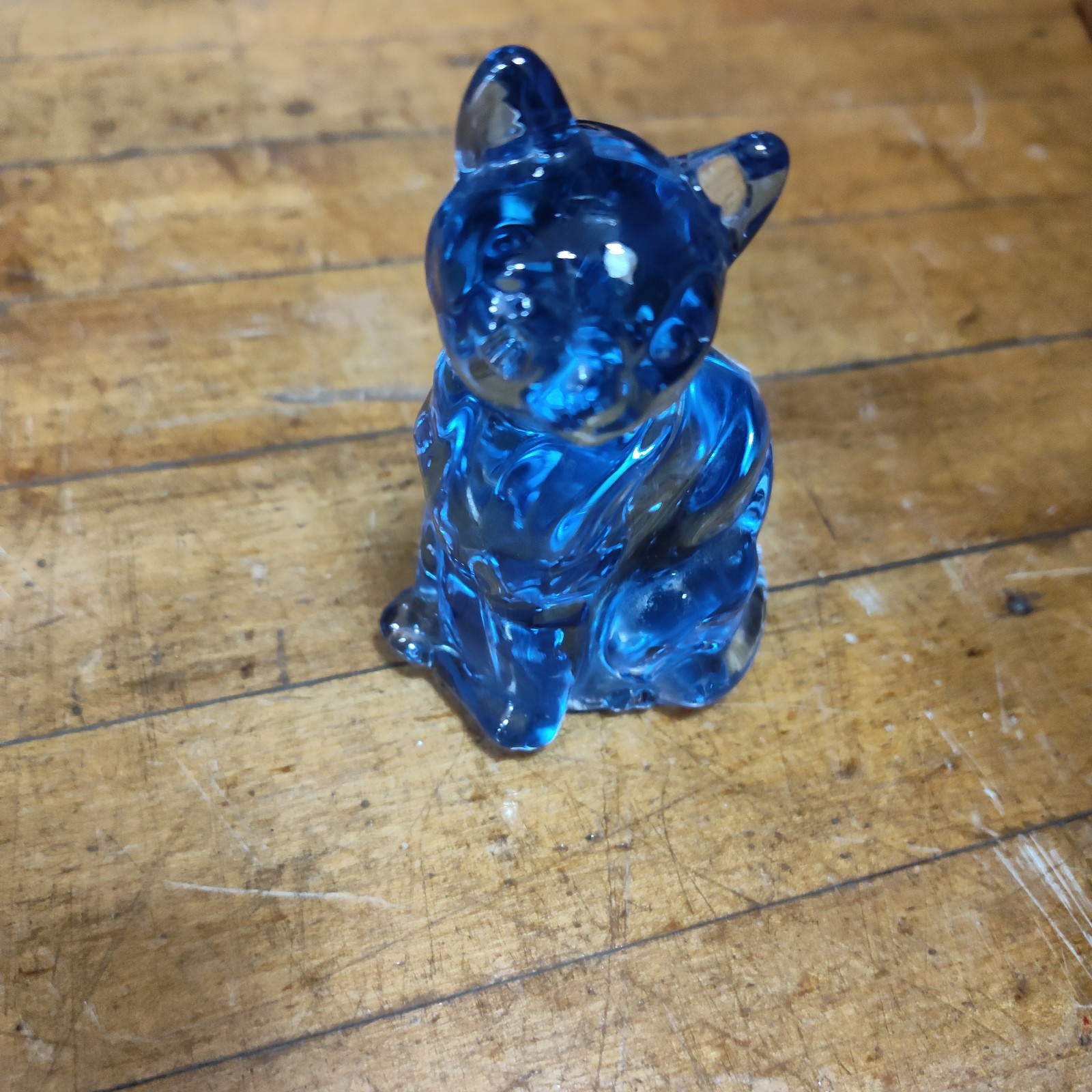 3 vintage blue blown art glass cat figurine