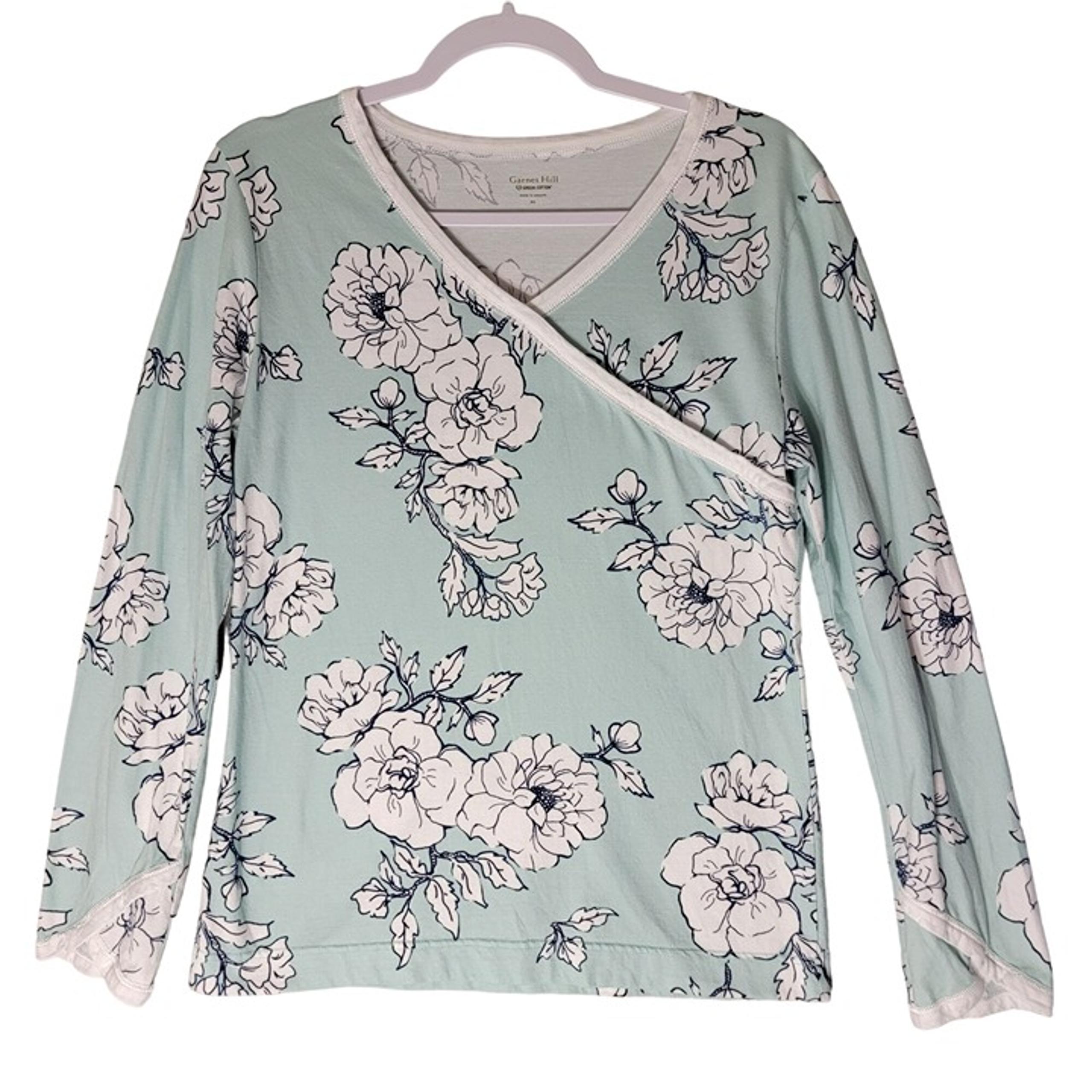 Garnet Hill Sleep Shirt Womens XS Floral Asian Wrap Organic Green Cotton LS