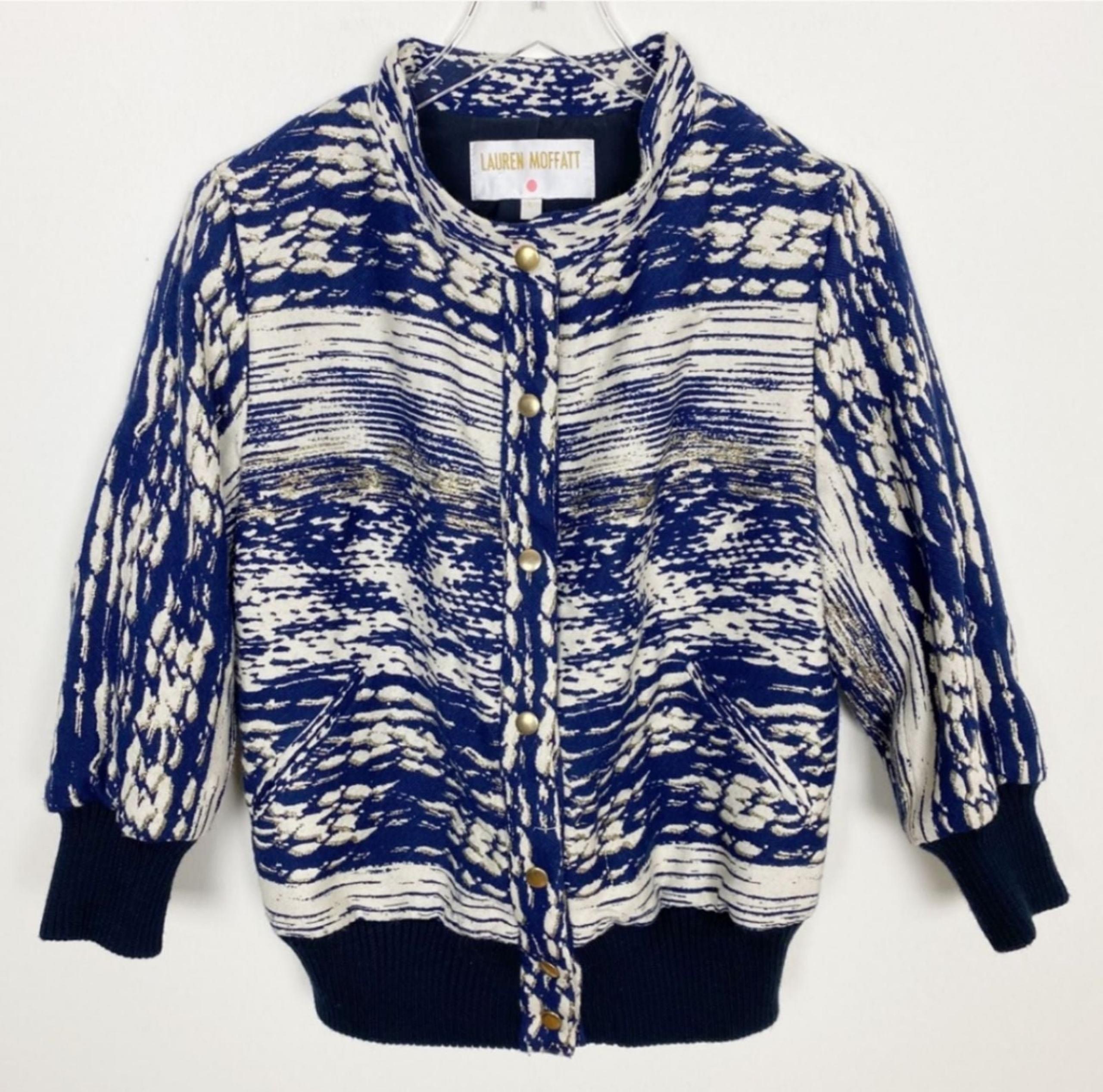 Anthropologie Lauren Moffatt Metallic Blue Gold Marled Wool Bomber Jacket Coat