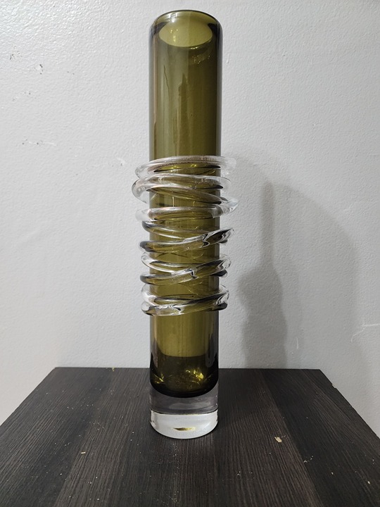 16 In Riihimaki Lasi Vase Monumental Lasi Mid Century Olive Green Clear Glass