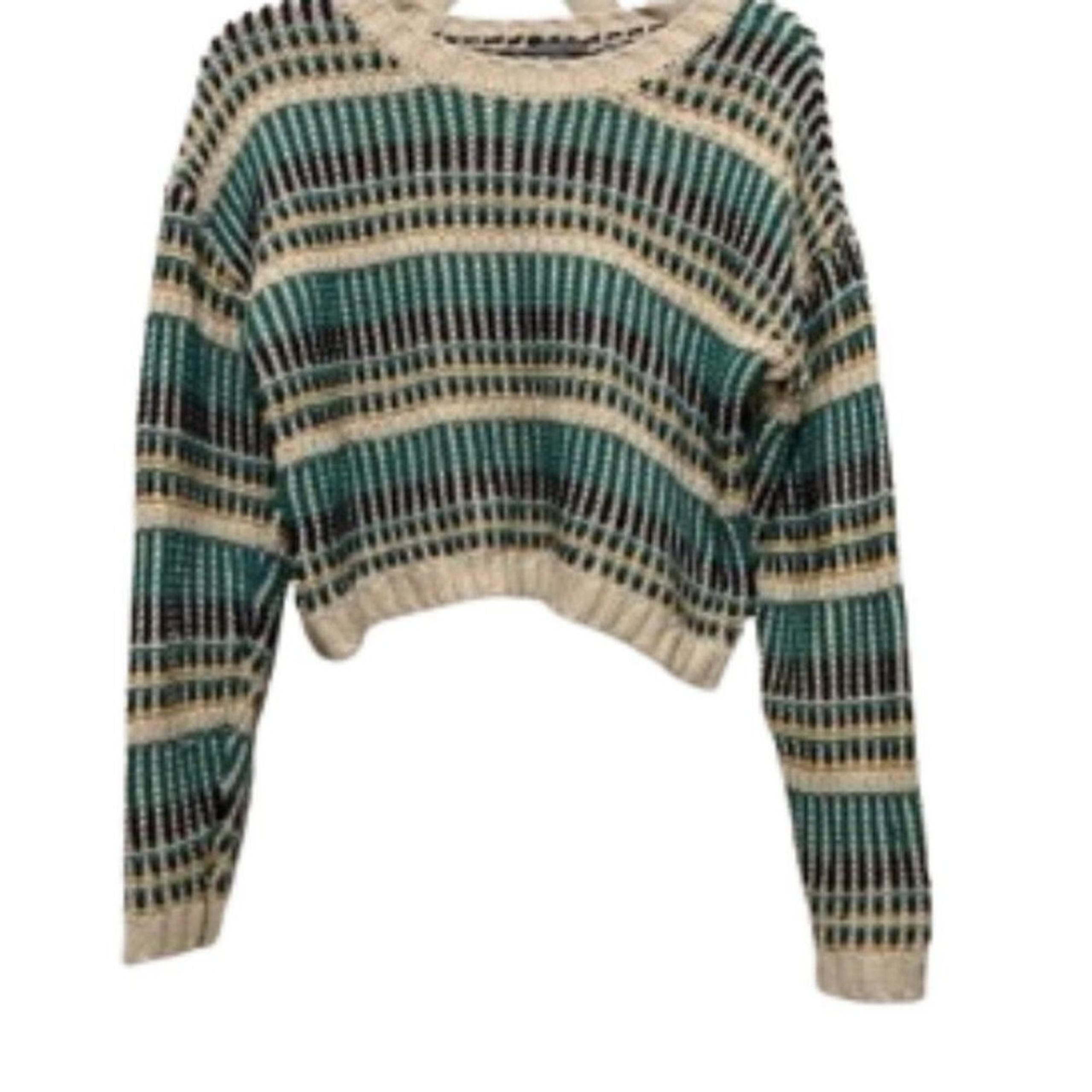 Juniors Knit Green and White Crew Neck Cropped Sweater XS Charlotte Russo