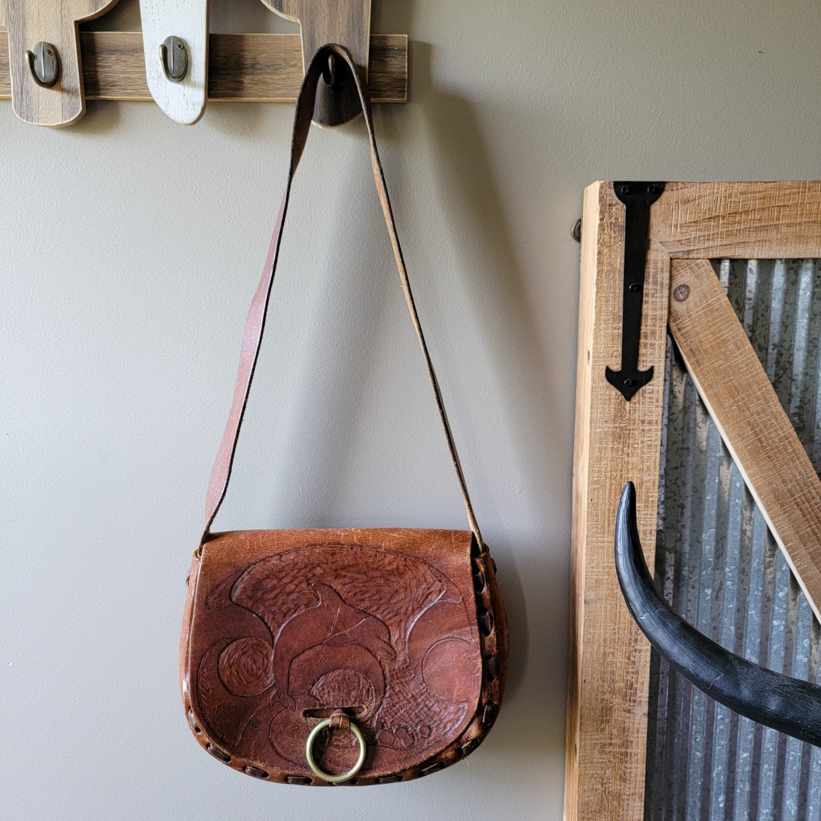 Vintage 1970s Vintage Tooled Dolphin Stamped Leather Buck Stitch Crossbody Bag