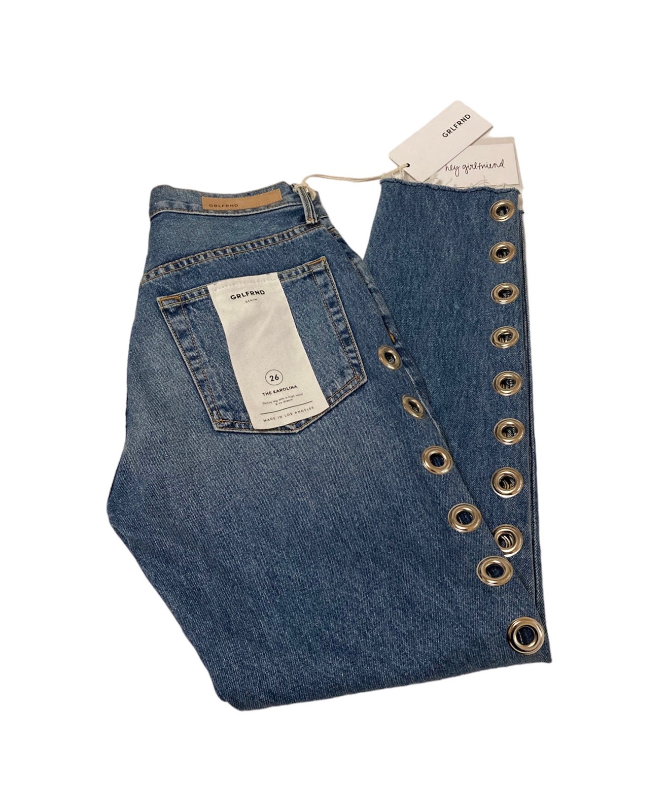 GRLFRND Karolina Size 26 Cotton Button Fly Grommet Detail Frayed Hem Jeans