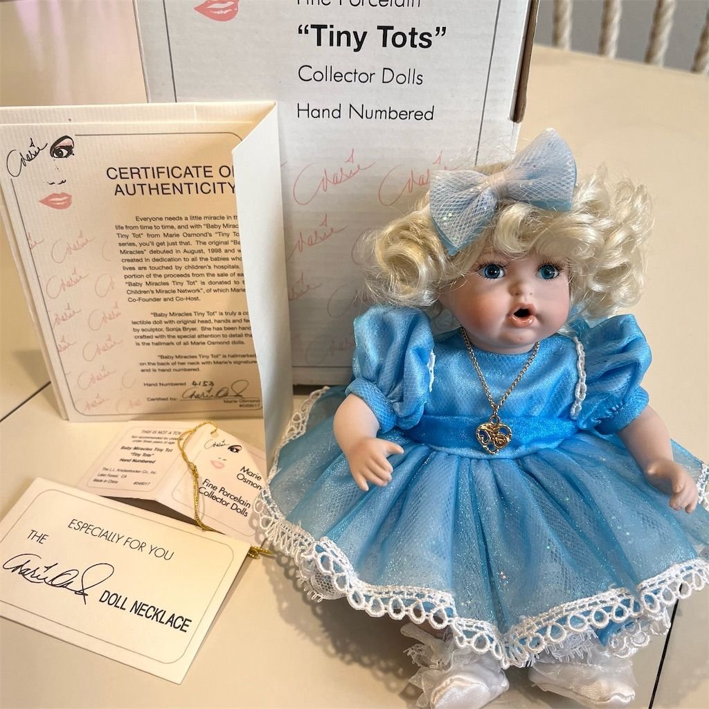 Marie Osmond Baby Miracles Tiny Tot Porcelain Doll Blonde Curly Hair COA Box