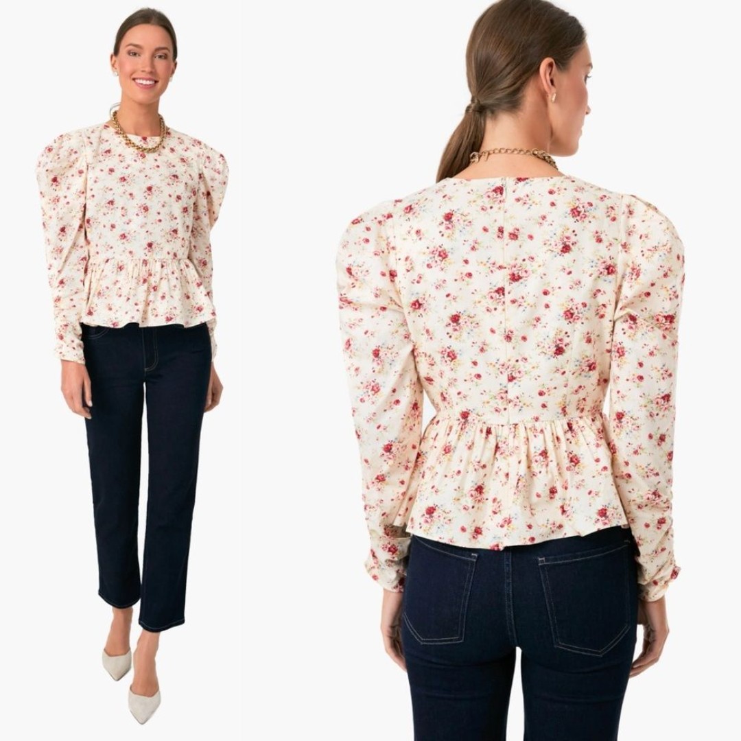 Tuckernuck Hyacinth House Floral Ava Peplum Puff Sleeve Blouse Cottagecore - S