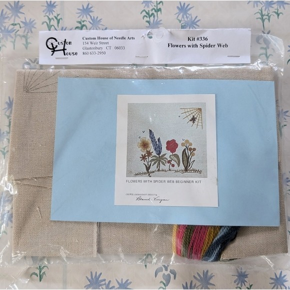 Vintage Custom House Crewel Embroidery Kit NEW Flowers and Spiderweb Cottagecore