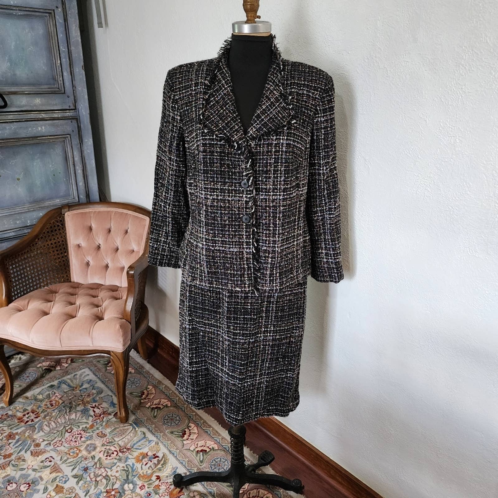 Vintage Perceptions Tweed Jacket Blazer & Skirt Set Black Brown & White Size 16