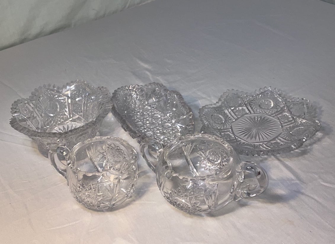 Brilliant Cut Glass-Cream and Sugar, Relish Dish, Small Bowl and Plate