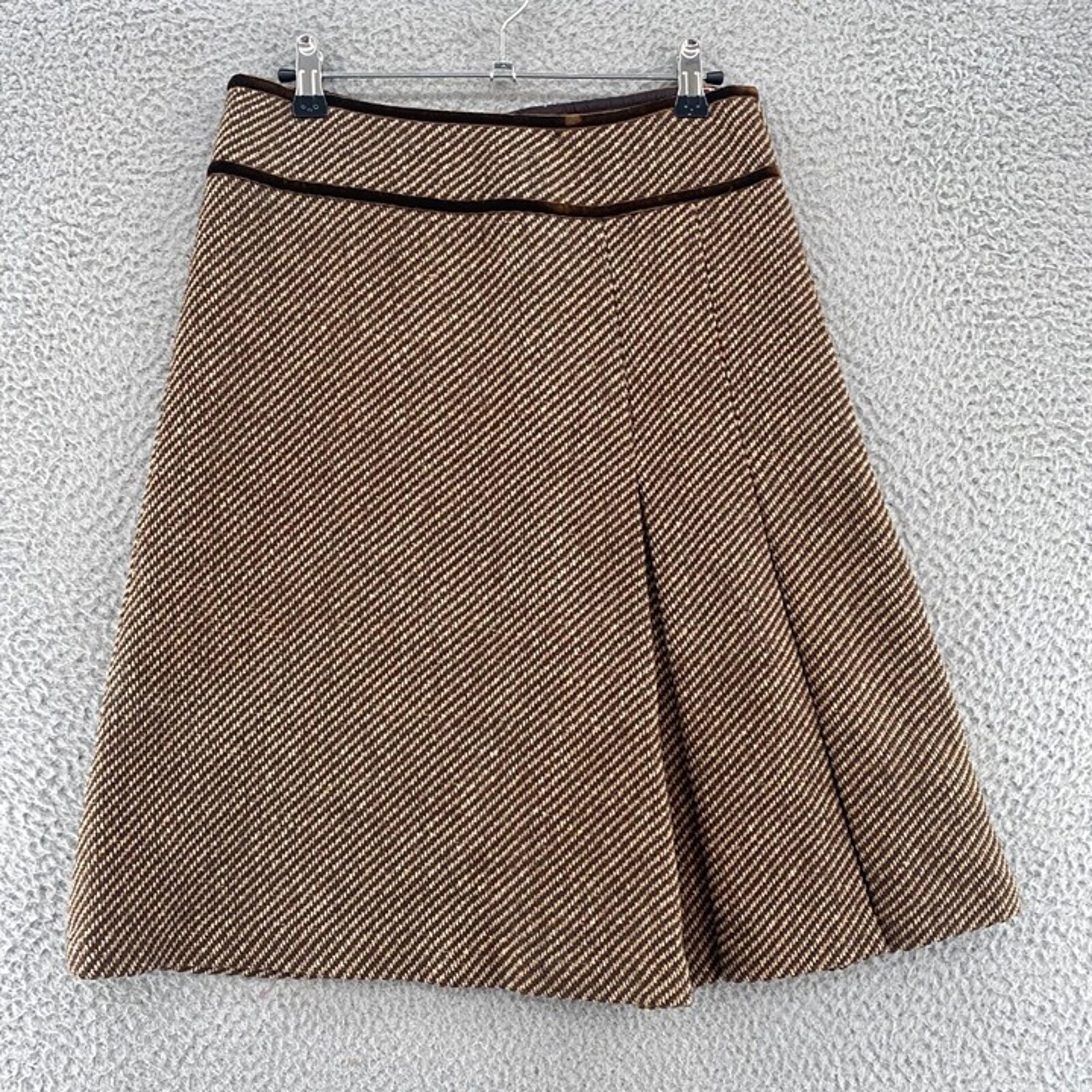 Zara Skirt Women Medium Brown Striped Wool Blend Pleat Detail A Line Knee Length