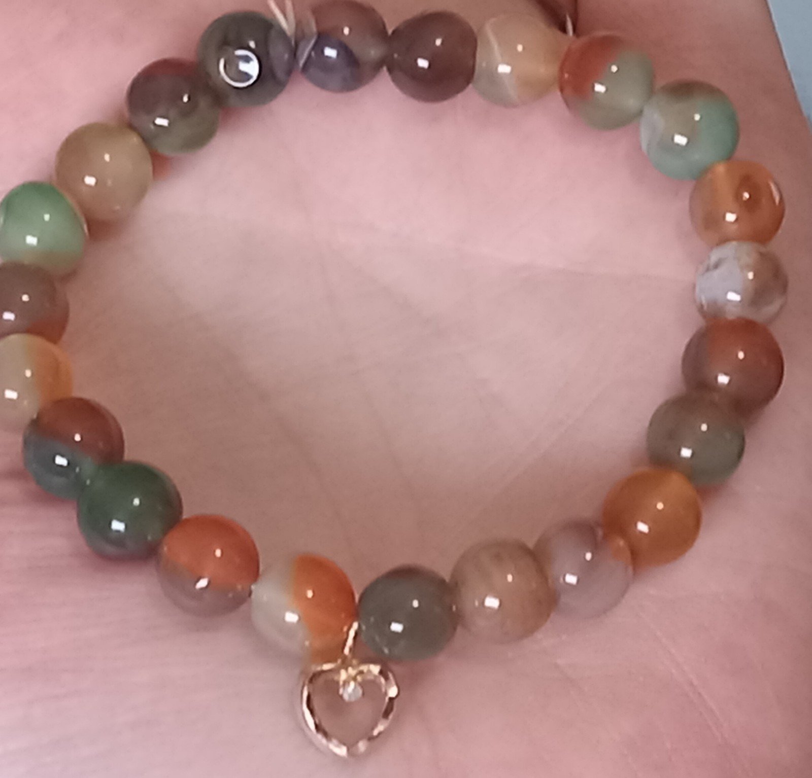 Vintage 14k gold diamond accent charm natural Sakura agate gems stone bracelet
