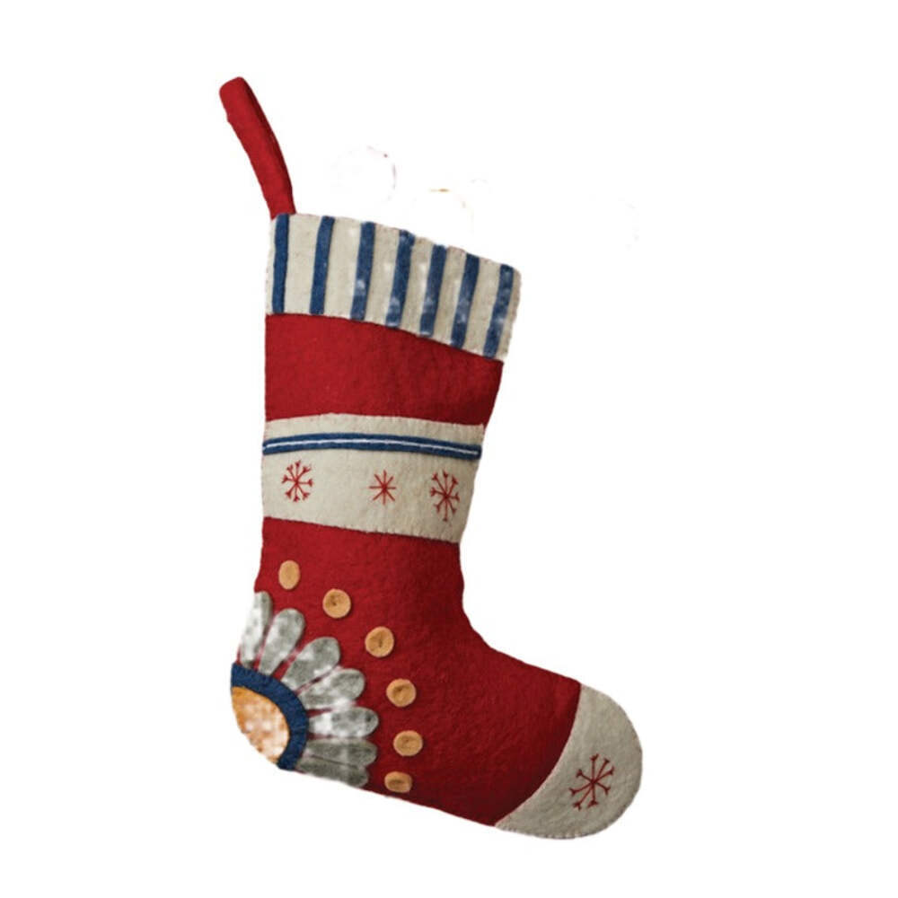 18 H Handmade Wool Felt Stocking w/ Embroidered Snowflakes & Flower
