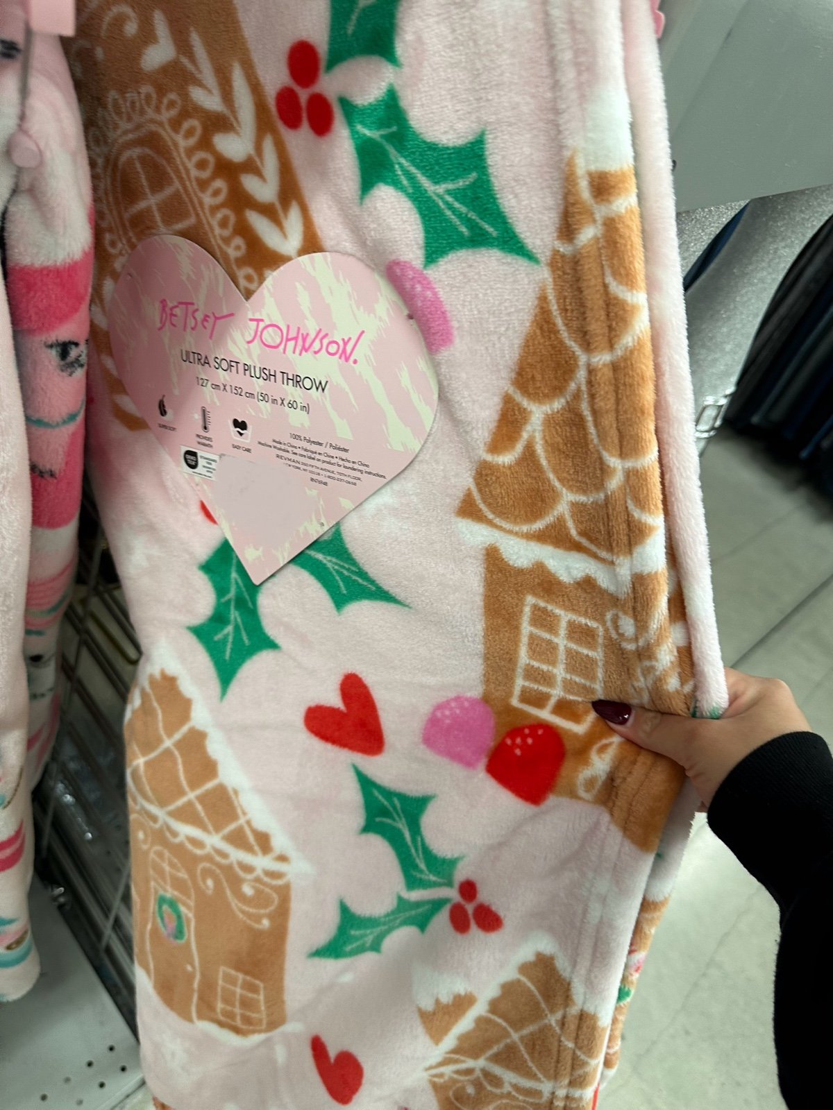 Betsey Johnson Pink Christmas Gingerbread House Plush Throw
