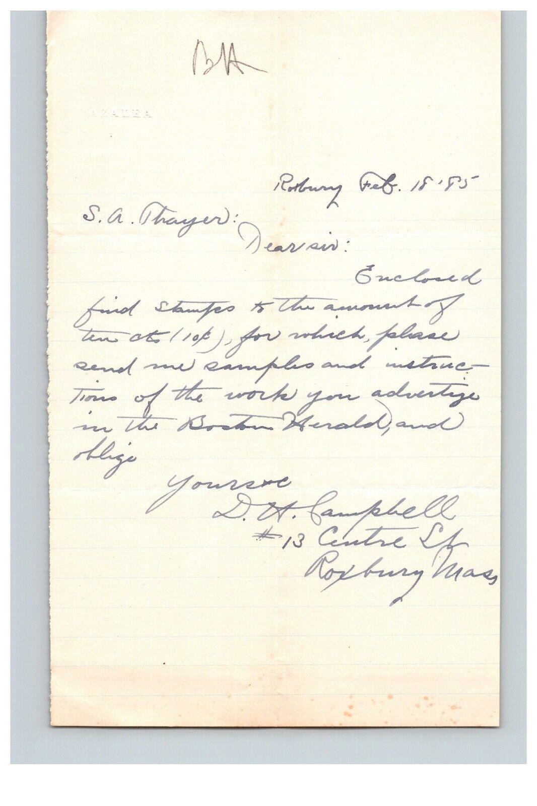 1885 Handwritten Letter D A Campbell Roxbury MA Massachusetts Family History