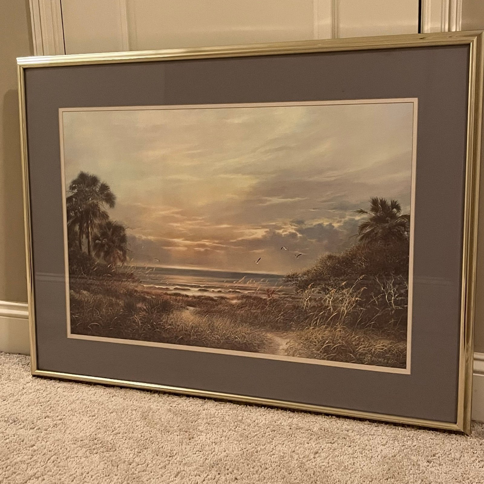Vintage 80s Jim Palmer beach landscape art print custom framed matted SC artist