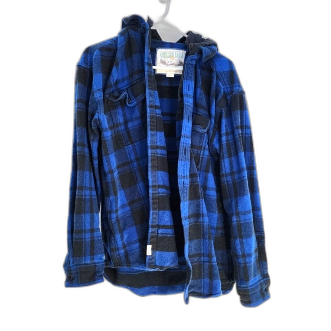 American Eagle Outfitters Blue and Black Plaid Jacket Removable Hood Bitton Down