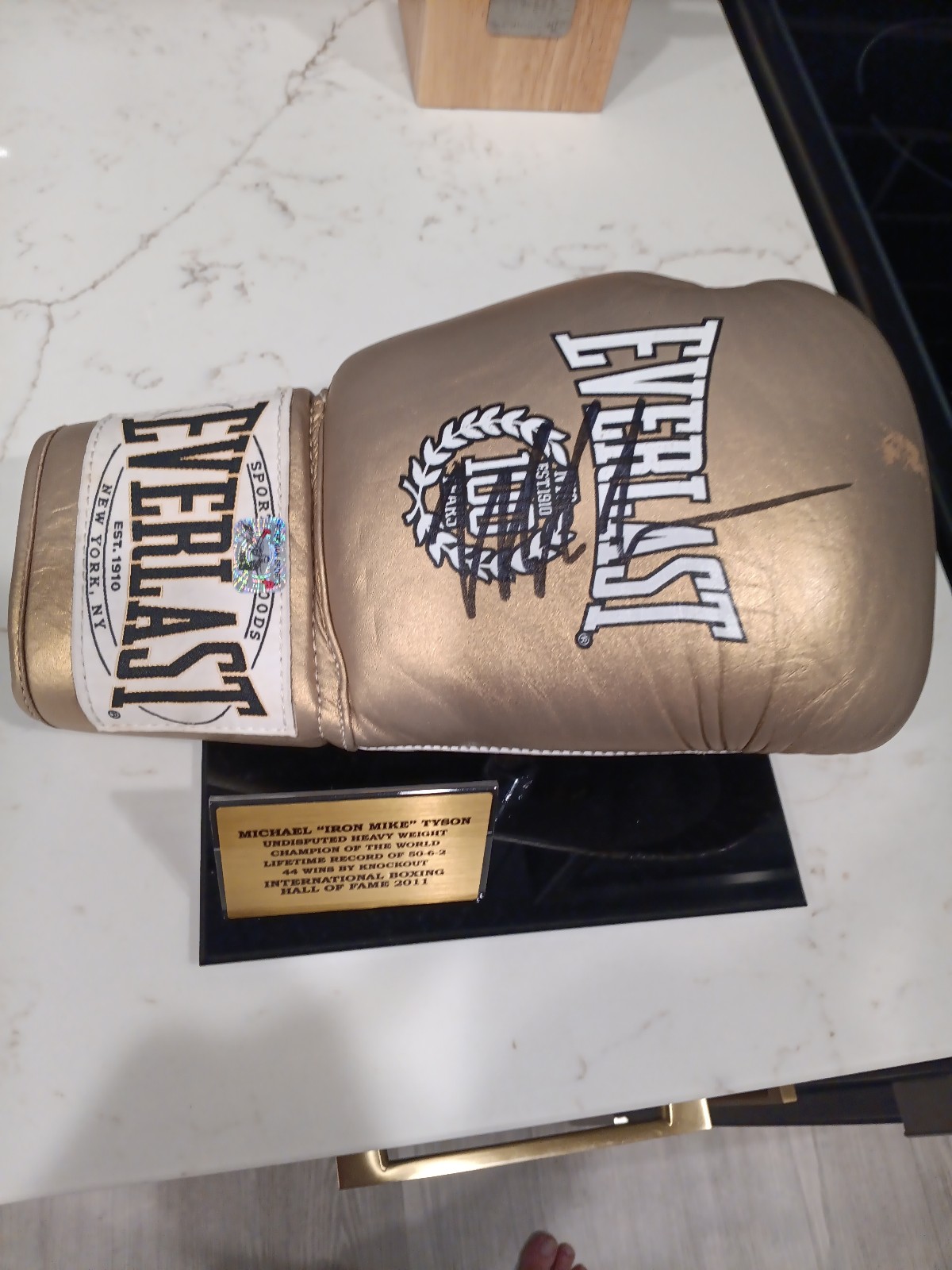 Mike Tyson autograph gold everlast Boxing glove w/ stand and plaque