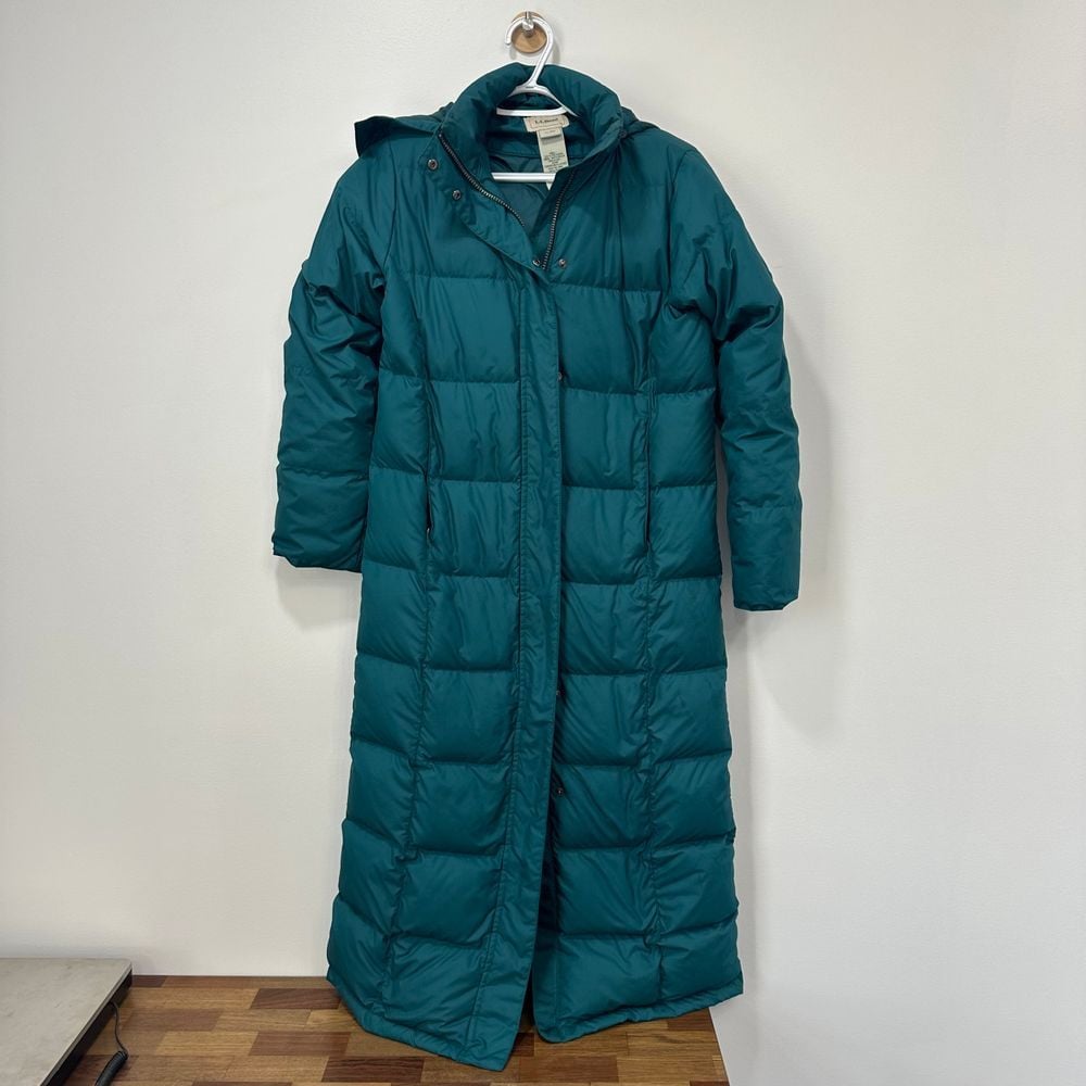 LL Bean Womens Parka Coat XS Green Teal Down Fill Hood Long Puffer Fur Jacket