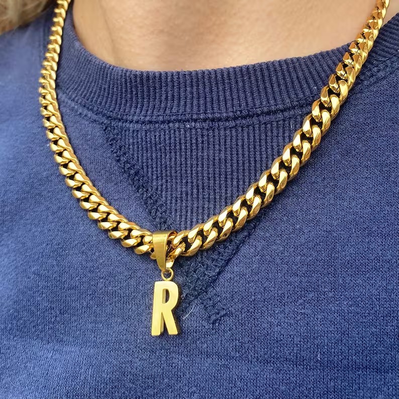 Mens Initial Chain Necklace, 18K Gold Initial Choker Necklace Men, Gold Choker