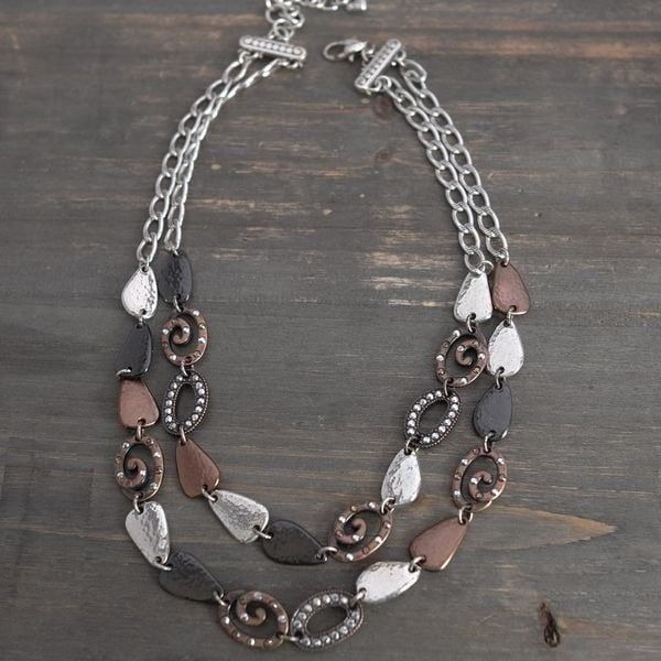 Brighton Melange Layered Necklace Silver Bronze Tone Swirls Hammered Finish