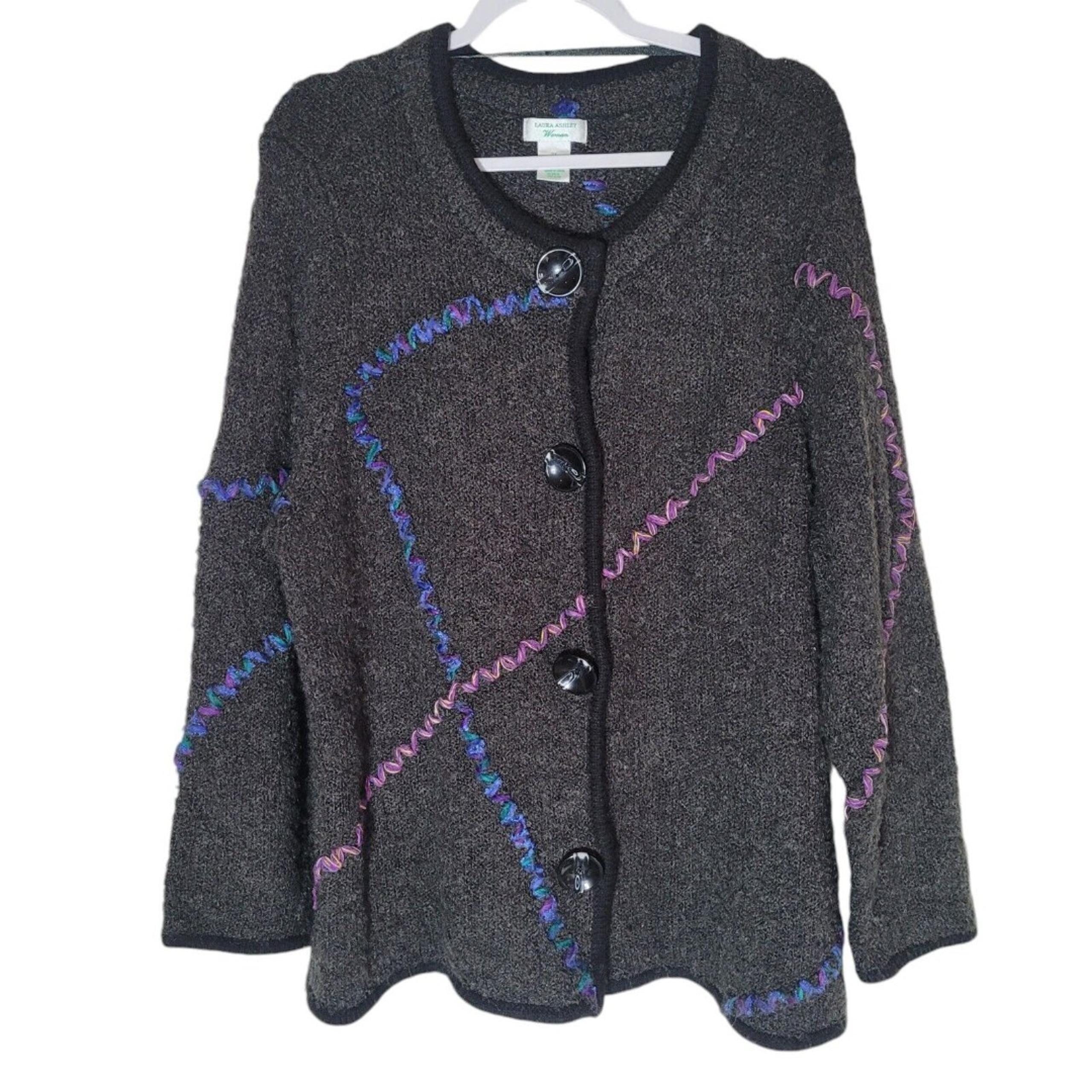 Laura Ashley Woman Wool Blend Cardigan Sweater Size 2X Gray Snap Button Artsy
