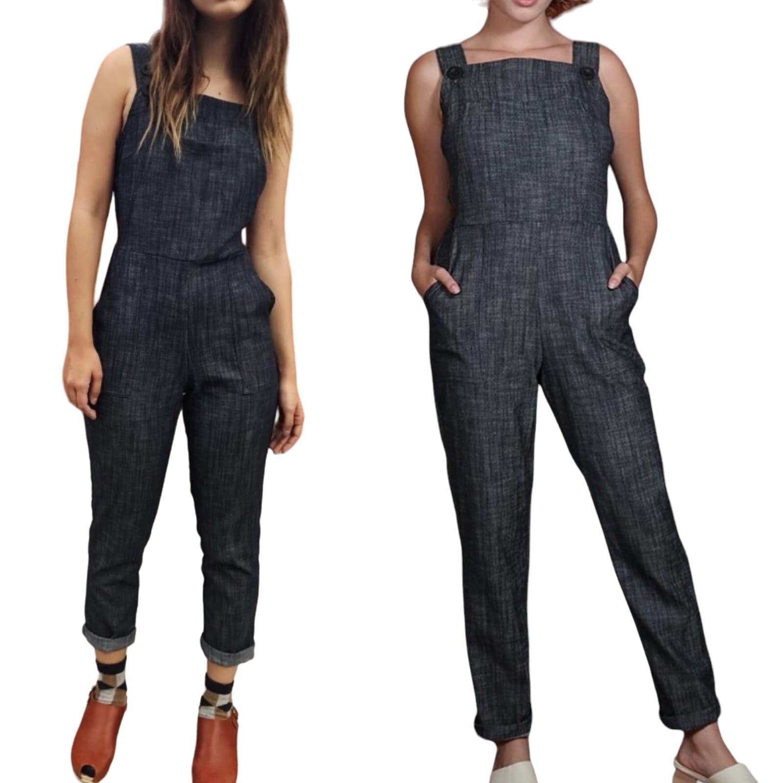 Nooworks Denim Overall Jumpsuit Wide Leg Sleeveless Chambray Dark Wash Womens XS